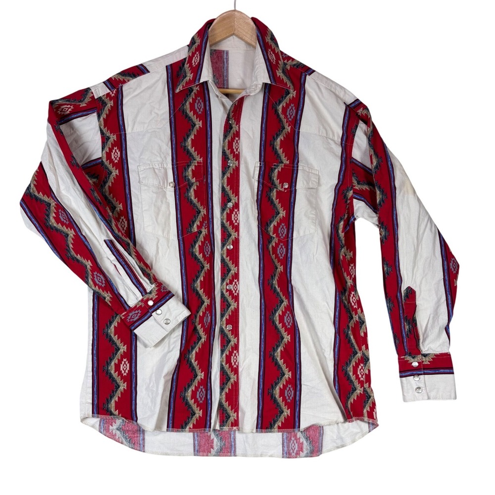 Mens Aztec‎ Geometric Stripe Pearl Snap Western Shirt Red Cream Blue Long Sleeve